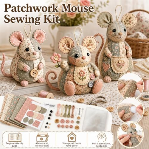 Patchwork Mouse DIY Kit,Handmade Sewing Craft Kit with Pre-Cut Fabric,Stuffing and Buttons,Creative Patchwork Animal Craft Project,Cute Mouse Ornament DIYKit,for Adults,Beginners,Gift for CraftLovers - Image 6