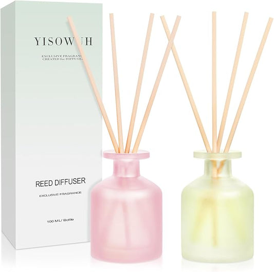 YISOWUH Reed Diffuser - Jasmine Green Tea & Ebony Rose 3.38oz (100ml) 2 Packs Essential Oil Reed Diffuser Set with 16 Sticks, Long Lasting Fragrance for Home, Bathroom, Bedroom, Room, Decor