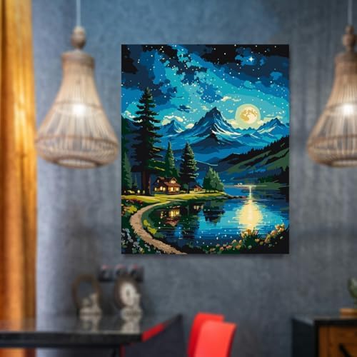 Lovepefe Mountain Paint By Numbers Kit for Adults Lakeside Cabin Adult Paint By Number Kits On Canvas Moon Night Oil Painting Kit for Beginners Adults Kits for Gift Home Wall Decor 16x20 Inch - Image 4
