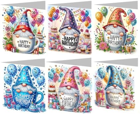 6 Pack 5D DIY Diamond Painting Birthday Gnome Greeting Card Kit, Diamond Art Christmas Birthday Holiday Greeting Card, Art Crafts Kit Creative with Envelope by POETRYDRAW