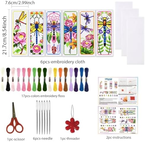 ORIGACH 6 Set Dragonfly & Flower Cross Stitch Bookmark Kit for Beginner - Image 2