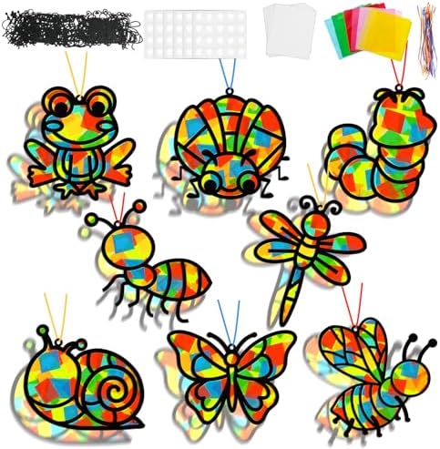 Lonfliness 32 Sets Spring Bug Suncatchers Craft Kit DIY Insect Window Stained Glass Effect Paper Butterfly Bee Home School Classroom Decoration Summer Art Creative Activity Project Gift Favor by Lonfliness