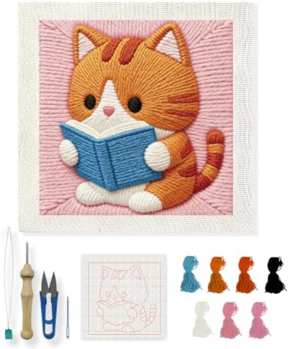 INFUNLY Cat Reading Punch Needle Kit for Beginners Book Cat Punch Needle Embroidery Kits for Adults DIY Punch-Stitching Kit with Instruction Threader Needles Square Frame for Wall Decor 9.4''x9.4'' by INFUNLY