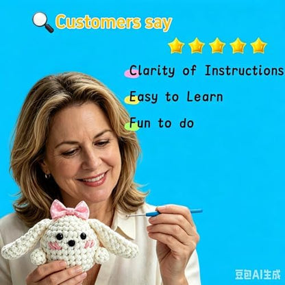 BUNUKY Crochet Kit for Beginners - DIY Starter Kit to Make a Cute Puppy | Step-by-Step Video Tutorials for Easy Learning | Creative Craft Gift for Christmas, Adults, Teens (Snowy & Peach Bunny) - Image 6