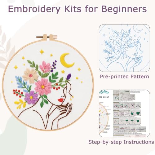 Nuberlic Embroidery Kit for Beginner,Floral Woman Embroidery - Image 5