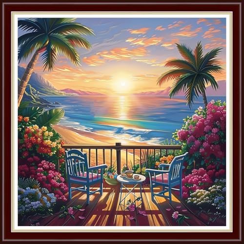 Joyhoor Cross Stitch Kits for Beginners Stamped Cross-Stitch Supplies Needlework preprint Embroidery Kits for Adults DIY Needlepoint Kit Embroidery Patterns 11CT-Seaside Tea Scenery 18x18 inch by JoyhoorCrossStitchKits