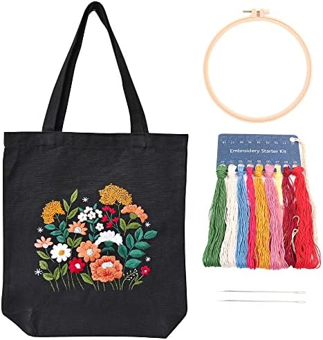 MAMUNU Canvas Tote Bag Embroidery Kit with Pattern for Beginners, Arts and DIY Crafts Kits for Adults, Include Instructions Embroidery Bag, Embroidery Hoops, Color Threads and Tool (Black) by MAMUNU