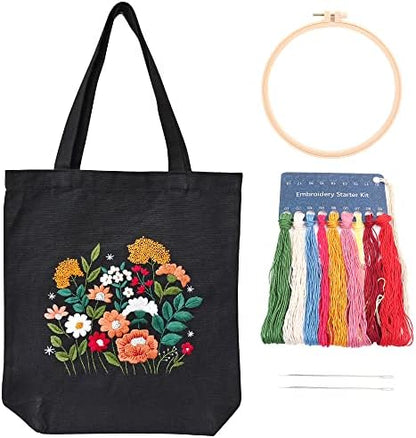 MAMUNU Canvas Tote Bag Embroidery Kit with Pattern for Beginners, Arts and DIY Crafts Kits for Adults, Include Instructions Embroidery Bag, Embroidery Hoops, Color Threads and Tool (Black) by MAMUNU