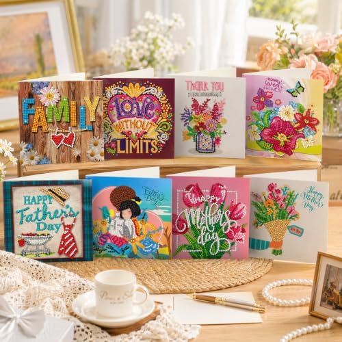 8PCS Fathers Day Mothers Day DIY Greeting Card Kits with Envelopes Diamond Art Greeting Cards Diamond Art Cards Kits for Adults DIY Crafts Family Friend Gifts - Image 2