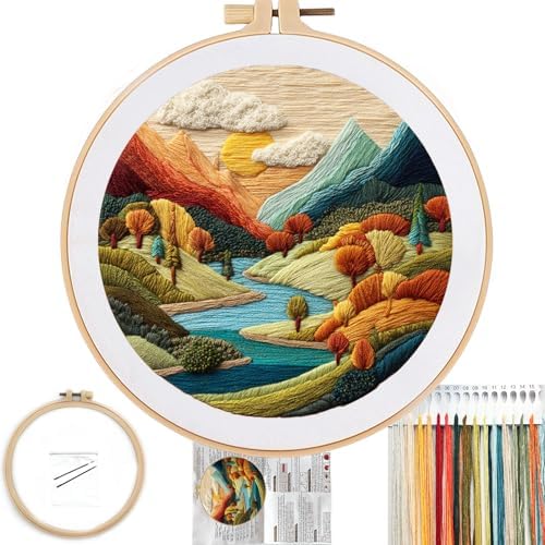 FONNUY Embroidery Kit for Beginners, Brightly Colored Landscape Lake Pre-Stamped Pattern Kits for Adults with Hoop, Easy to Follow Color Thread Needlework, 8'' Hoop (Lightblue) by FONNUY