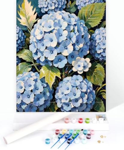 Floral Paint By Numbers Kit For Adults - Diy Blue Hydrangea Flowers Painting On Canvas 16X20 Inches, Acrylic Paint Set, Suitable For Beginners, Wall Decor Art For Home Decoration Or Gifts, Unframed - Image 3