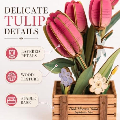 Evankin 3D Wooden Pink Tulip Puzzle Kit, DIY Bouquet Model - Image 4