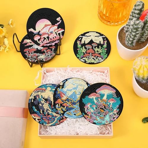 EWJRNSF 10 PCS Diamond Art Coasters Kit, Small Diamond Painting Coasters, Fall Diamond Art Kits for Adults Beginners, Arts and Crafts Supplies Item Sets with Holder Mushroom - Image 3