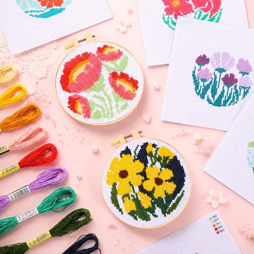 ZOIIWA 6PCS Flower Embroidery Kit for Beginners Adults Summer Cross Sewing Kits DIY Starter Hand Embroidery Kit with Needlepoint Patterns Hoop Threads Needles Instructions Craft Gift for Home Decor - Image 5