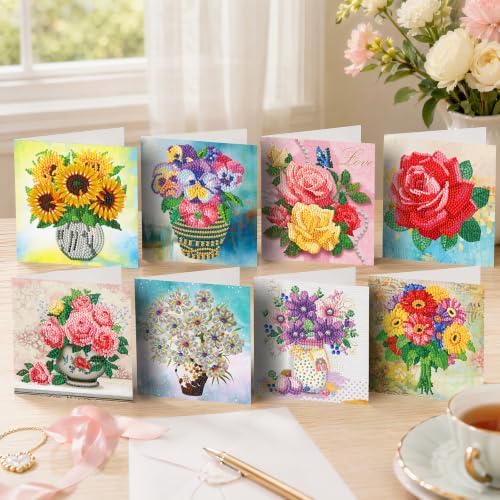 8PCS Vase DIY Greeting Card Kits with Envelopes Diamond Art Greeting Cards Diamond Art Cards Kits for Adults DIY Crafts Family Friend Gifts - Image 2
