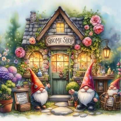 Gnome Shop Cross Stitch Kit for Adults, Stamped Embroidery 13.7x13.7in by Unknown