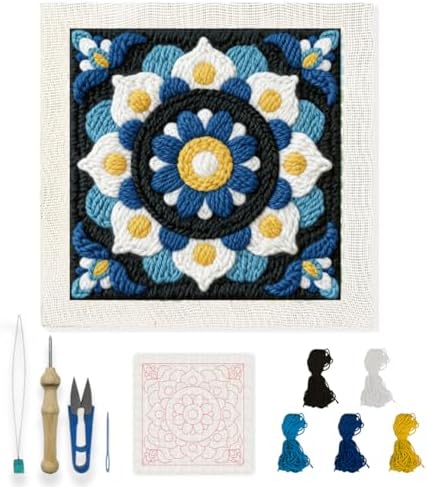 INFUNLY Mandala Punch Needle Kit Blue White DIY Embroidery Punch Needle Set for Adults Square 9.4" Punches Stitching Starter Kits with Easy to Follow Instructions Yarns Fabric Festival Gift Home Decor by INFUNLY