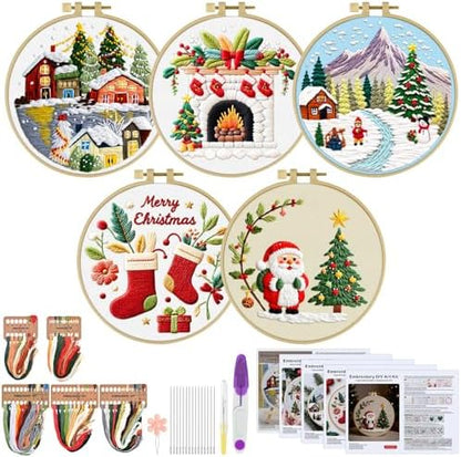 ERKOON Embroidery Kit for Beginners, 5 Sets Christmas Cross Stitch Set for Adults Include Embroidery Cloth Hoops Threads for Craft Lover Hand Stitch with Skill Techniques (Christmas#1) by ERKOON