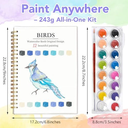 Easy Watercolor Workbook for Beginners - 12 Beautiful Step-by-Step Paintings Water Coloring Book, Includes 16 Colors Paints, Relaxing Art Projects and Creative Gift for Adults & Teen (Birds) - Image 4