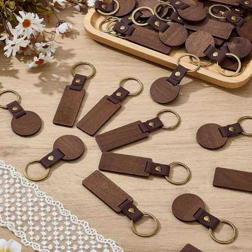 60 PCS Leather Wood Keychain Blanks Unfinished Wooden Keychains Rectangular and Round Shape Walnut Wood Keychains Blanks for Engraving DIY Crafts Personalized Gifts - Image 5