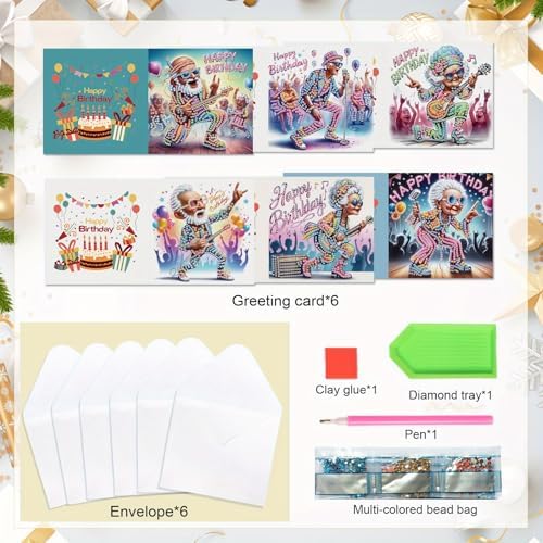 Tontut 6 Pieces Diamond Art Painted Greeting Cards, Trendy Music Elderly 5D DIY Special Shape Diamond Card Creative Gifts, Christmas Thanksgiving Greeting Cards Congratulation - Image 3