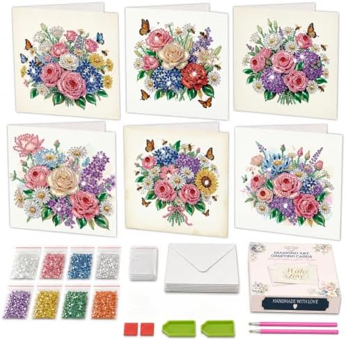 6 Pack Flower DIY Diamond Art Greeting Card Kit with Envelopes by DOZEEZOP