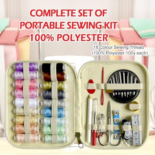 Sewing Kit with Case Portable Sewing Supplies for Home Traveler, Adults, Beginner, Emergency, Contains 18 Sewing Thread, Scissors, Needles, Measure etc,Off White - Image 5