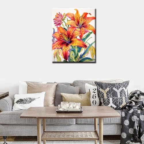 Aihonmin Lilium Flower Paint by Number for Adult and Kids Beginner,Floral Canvas Oil Painting Kit Digital Painting,Vintage Watercolor Living Room Decoration,(Without Frame - Image 2
