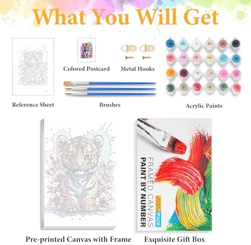 Framed Paint by Numbers Kit for Adults, Tiger & Flower Decor 8x12 Inch - Image 5