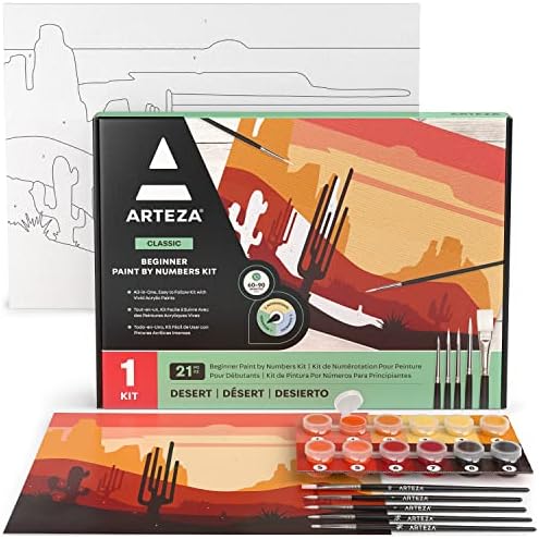 ARTEZA Paint by Number for Adults, 12x16 Inches, 21 Pieces, Desert Paint by Numbers Kit, Comes with 1 Canvas Panel, 12 Acrylic Paint Pots, 5 Paintbrushes, Art Supplies for Home & Office Wall Decor by ARTEZA
