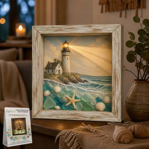 Coastal Lighthouse Sea Glass Shadow Box Night Light Nautical Beach Lamp Home Decor DIY Wooden Picture Frame Ocean Theme Craft Kit Starfish Shells Art Bedside Reading Corner Gift for Adult(#4,Battery) by Unknown