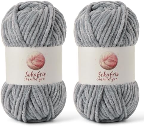 Chenille Yarn for Crocheting Size 5 Bulky Yarn 2 Pack Grayish by Sekafris