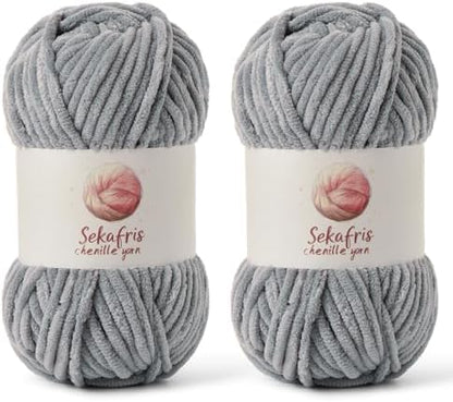 Chenille Yarn for Crocheting Size 5 Bulky Yarn 2 Pack Grayish by Sekafris