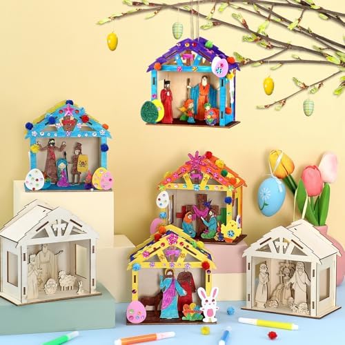 8Pcs Christian Easter Crafts Wooden House for Boy Girl & Adult, Religious Easter Activities DIY Kit with Jesus He Is Risen Egg Bunny, Spring Bible Art Gift for Basket Stuffers Party Favors Decor Bulk - Image 3