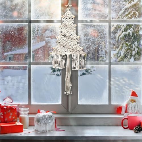 Christmas Tree Macrame Wall Hanging Decor 9.84 × 22.8inch Xmas Tree Shape Boho Tapestry with Rustic Bead and Star Tree Topper Hand-Woven Crafts for Holiday Winter Decoration (Beige) - Image 3