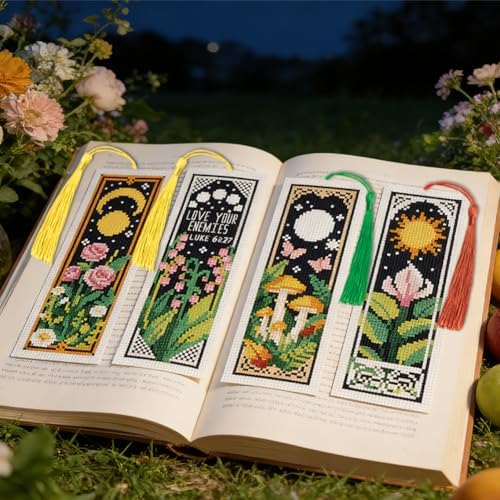 INFUNLY 6PCS Moon Flower Cross Stitch Bookmark Kit 3x8.5 Inch Botanical Stamped Embroidery Bookmark Kits with Moon Rose Lily Mushroom Needlepoint Bookmark Kit with Instruction for Book Lovers Readers - Image 6