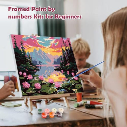 MOGTAA Landscape Paint by Numbers Kit for Adults Beginners with Frame, Flowers Lake Adult Paint by Number Kits on Canvas with Easel, Easy DIY Sunset Oil Painting Kits for Home Decor, 8x12in - Image 4
