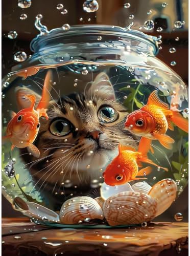 Cat Goldfish Paint by Numbers Kit for Adults Framed Canvas, Frameworkless by FairylandJinWenn