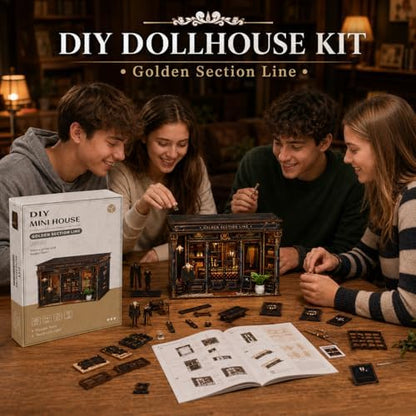 Roroom DIY Miniature and Furniture Dollhouse Kit,Mini 3D Wooden Doll House Craft Model,Creative Room Idea for Valentine's Day Birthday Gift(Book Outside the Book) (Golden Section Line) - Image 5