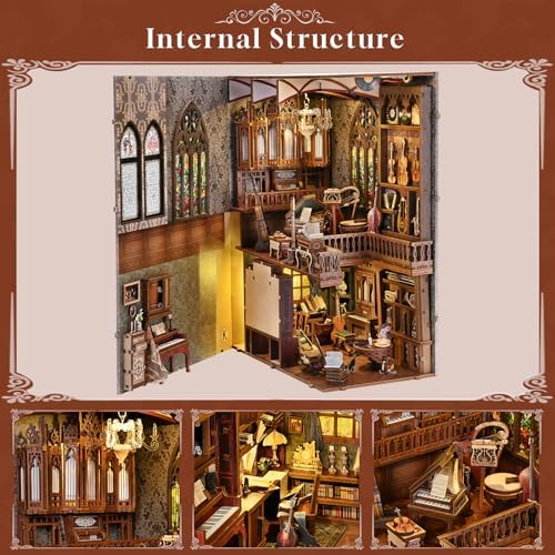 fifijoy Book Nook Kit - Timeless Melody DIY Miniature House Kit, 3D Wooden Puzzle Bookend Bookshelf with LED Light for Adults (Timeless Melody) - Image 6
