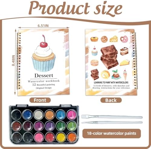 Watercolor Workbook, Water Coloring Book, 12 Different Patterns of Original DIY Designs, 18 Colors Watercolor Paint Set, Beginner-Friendly Watercolor Workbooks (Dessert), Perfect Gifts for Adults - Image 2