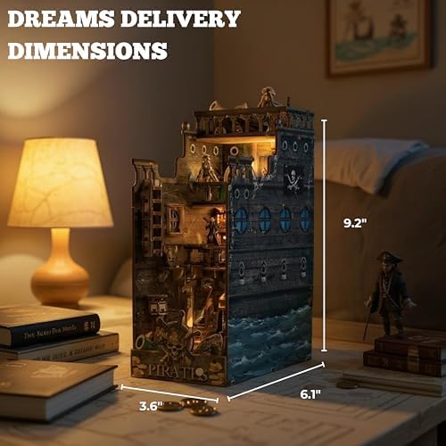 Dreams Delivery Book Nook Kit, Pirate Ship 172-Piece DIY LED Miniature House Kit, 3D Wooden Puzzle BookNook Kit for Adults, Home Model Building Kit for Book Lovers & Beginners, Bookshelf Decor - Image 5