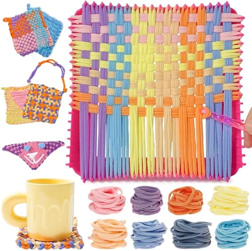 ZJEFUNS Weaving Loom Kit Toys for Kids and Adults DIY Arts and Crafts for Girls Ages 5 6 7 8 9 10 12, Pot Holder Loom Knitting Kits Includes 8 Color Craft Loops for Beginners by ZJEFUNS