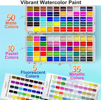 Caliart 100 Colors Watercolor Paint Set, Portable Art Supplies Palette Kit - Image 2