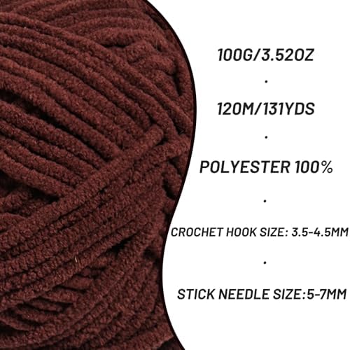 3 Pack Plush Chunky Chenille Yarn for Crocheting, Soft Fluffy Velvet Yarn for Crocheting, Fuzzy Baby Blanket Knitting Yarn, 300g/393yds Bulky Amigurumi Yarns（3 Dark Coffee） - Image 2