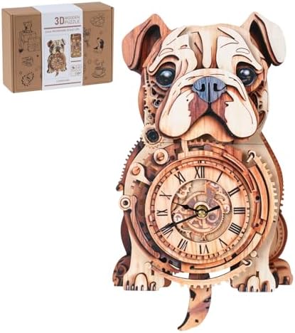 3D Puzzles for Adults-Wooden Bulldog Clock Puzzle DIY Clock Model Kit by RnfinewowWoodenPuzzles
