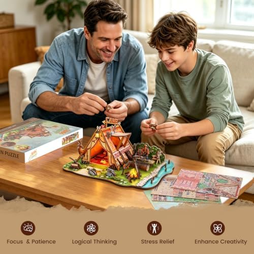 Wild Camping Miniature House Kit, 195PCS DIY Wooden Model Kit with LED Light,3D Wooden Puzzle Craft Home Decor, Gift for Teens & Adults 14+ - Image 6