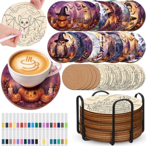 Reallnaive 77 Pcs Wooden Coasters Paint Kit, Halloween by Reallnaive