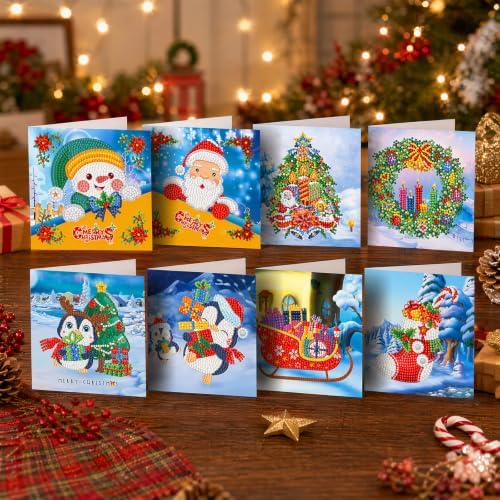 8PCS Winter Cartoon DIY Greeting Card Kits with Envelopes Diamond Art Greeting Cards Diamond Art Cards Kits for Adults DIY Crafts Family Friend Gifts - Image 2