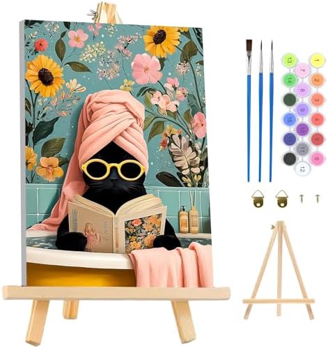MAXBYE Paint by Numbers Kit for Adults with Frame and Wooden Easel, Easy Black Cat on Bathtub Painting Numbers Art Kits on Canvas, DIY Acrylic Painting Kit for Gift Home Wall Garden Decor 10×14 in by MAXBYE